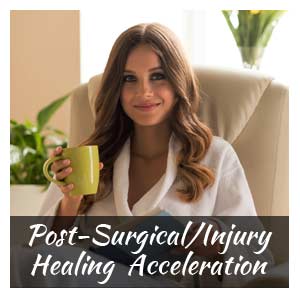 Young woman in robe holds mug, Post-surgical/injury healing acceleration